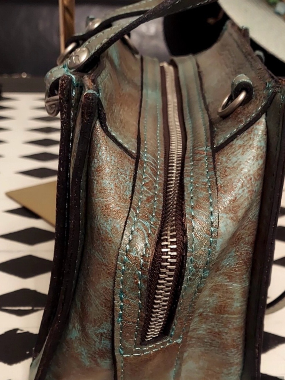 Patricia Nash Turquoise and Brown Tooled Leather Satchel - Picture 6 of 8